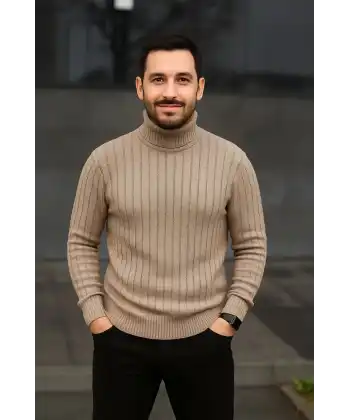 Erkek Tam Boğazlı Balıkçı Yaka Triko Kazak Kalın Fitilli - Bej