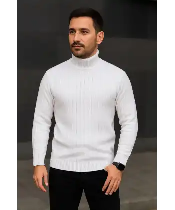 Erkek Tam Boğazlı Balıkçı Yaka Triko Kazak Kalın Fitilli - Beyaz