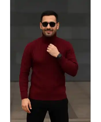 Erkek Tam Boğazlı Balıkçı Yaka Triko Kazak Kalın Fitilli - Bordo