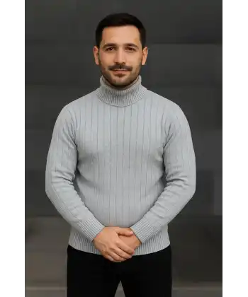 Erkek Tam Boğazlı Balıkçı Yaka Triko Kazak Kalın Fitilli -  Gri
