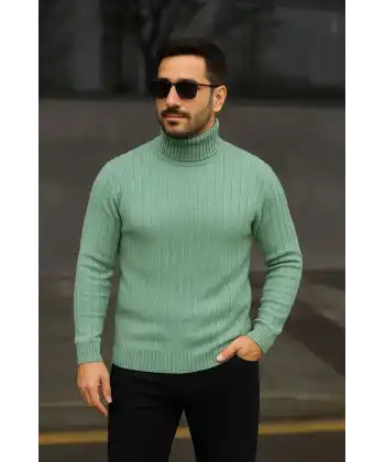 Erkek Tam Boğazlı Balıkçı Yaka Triko Kazak Kalın Fitilli - Mint Yeşili