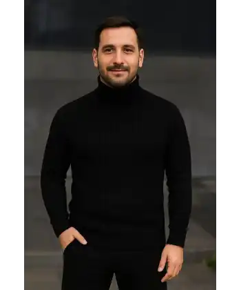 Erkek Tam Boğazlı Balıkçı Yaka Triko Kazak Kalın Fitilli - Siyah