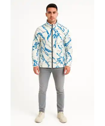 Erkek Tam Fermuarlı Desenli Polar Sweat Lightning Desen Yakalı, Uzun Kollu, Oversize Rahat Kalıp - Beyaz