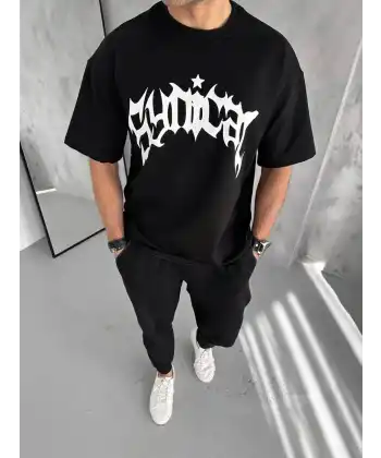 Erkek Tişört Bisiklet Yaka Baskılı Oversize Kısa kol T-Shirt - Siyah