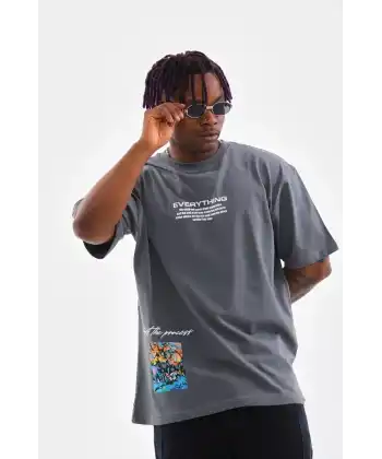 Erkek Tişort  Bisiklet Yaka Baskılı Oversize T-Shirt - Gri