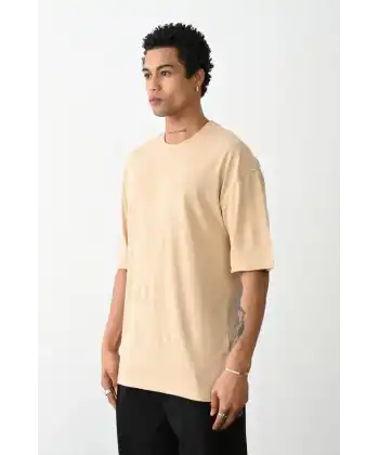 Erkek Tişört Düz Basic Penye Yazlık Bisiklet Yaka Kısa Kol T-Shirt - Bej