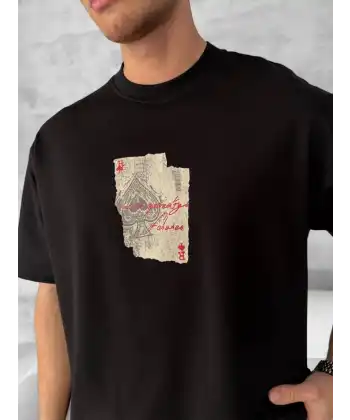 ERKEK Tişört Kısa Kol Ön ve Arka Baskılı Oversize Bisiklet Yaka T-shirt - Siyah