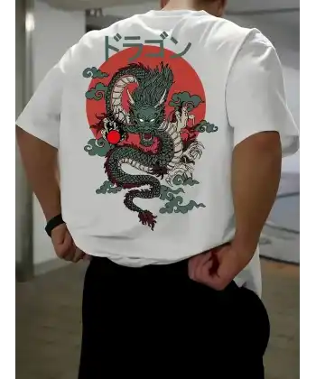 Erkek Tişört Penye Compack Ejder Baskılı Bisiklet Yaka T-shirt - Beyaz