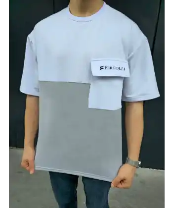 ERKEK Tişört Torba Cepli Parçalı Kısa Kol T-Shirt - Gri
