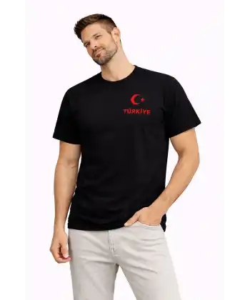 Erkek TÜRKİYE Ay Yıldız Baskılı Taraftar Forma T-Shirt - Siyah