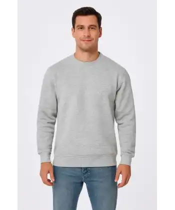 Erkek Üç İplik Düz Bisiklet Yaka SweatShirt - Gri