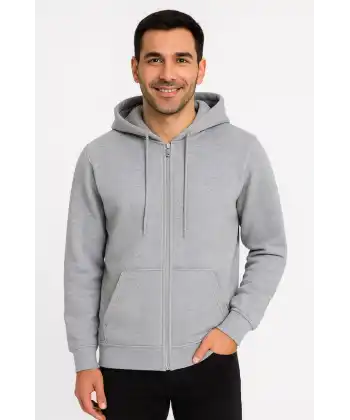 Erkek Üç İplik Kapüşonlu Tam Fermuarlı Kanguru Çepli SweatShirt Hoodie - Gri