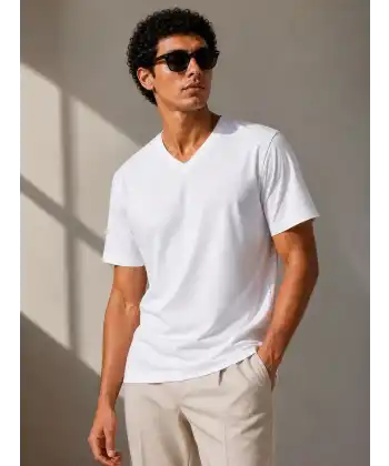 Erkek V Yaka Basic Tişört Kısa Kol Yazlık Regular Fit T-Shirt - Beyaz