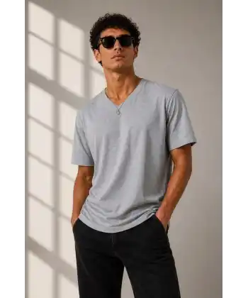 Erkek V Yaka Basic Tişört Kısa Kol Yazlık Regular Fit T-Shirt - Gri