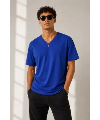 Erkek V Yaka Basic Tişört Kısa Kol Yazlık Regular Fit T-Shirt - Saks Mavisi
