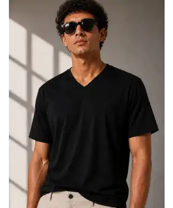 Erkek V Yaka Basic Tişört Kısa Kol Yazlık Regular Fit T-Shirt - Siyah
