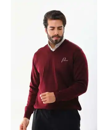 Erkek V Yaka Kazak Baskılı Dokuma Triko - Bordo