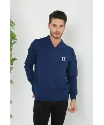 Erkek V Yaka Kazak Baskılı Dokuma Triko - Indigo