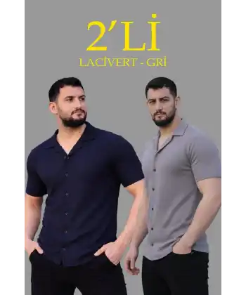 Erkek Waffle Kumaş Açık Yakalı Düğmeli Regular Fit Gömlek 2’li Set Lacivert-Gri