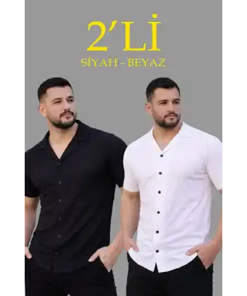 Erkek Waffle Kumaş Açık Yakalı Düğmeli Regular Fit Gömlek 2’li Set Siyah-Beyaz