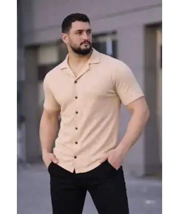 Erkek Waffle Kumaş Kısa Kollu Düğmeli Açık Yaka Regular Fit Gömlek - Bej