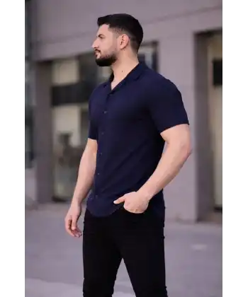 Erkek Waffle Kumaş Kısa Kollu Düğmeli Açık Yaka Regular Fit Gömlek - Lacivert