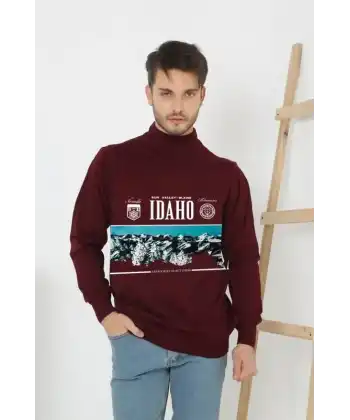 Erkek Yarım Bağazlı Kazak Baskılı Dokuma Triko - Bordo