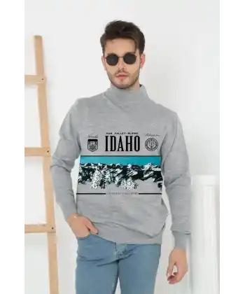 Erkek Yarım Bağazlı Kazak Baskılı Dokuma Triko - Gri