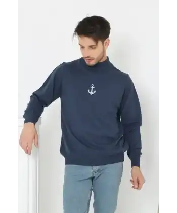 Erkek Yarım Bağazlı Kazak Baskılı Dokuma Triko - Indigo
