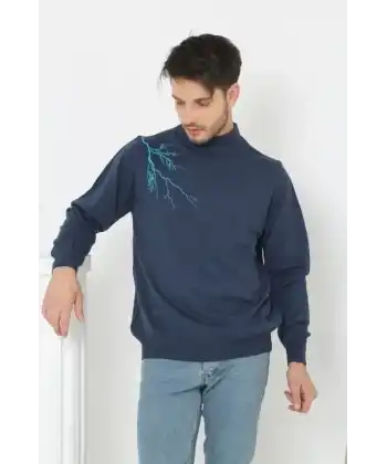 Erkek Yarım Bağazlı Kazak Baskılı Dokuma Triko - Indigo