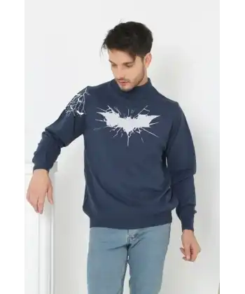Erkek Yarım Bağazlı Kazak Baskılı Dokuma Triko - Indigo