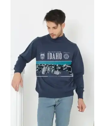 Erkek Yarım Bağazlı Kazak Baskılı Dokuma Triko - Indigo