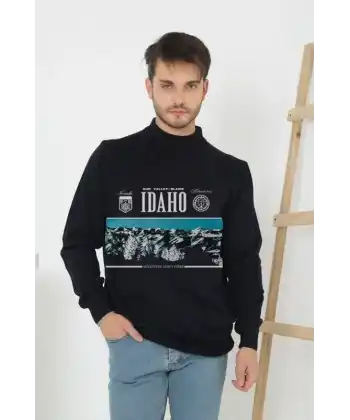 Erkek Yarım Bağazlı Kazak Baskılı Dokuma Triko - Siyah
