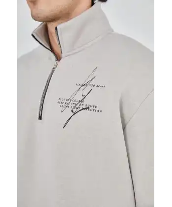 Erkek Yarım Fermuarlı Baskılı 3 iplik pamuklu sweatshirt - Boyalı Gri