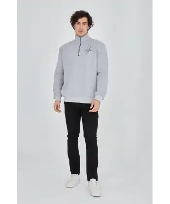 Erkek Yarım Fermuarlı Baskılı 3 iplik pamuklu sweatshirt - Gri