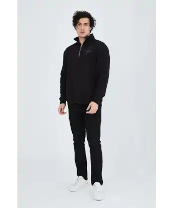 Erkek Yarım Fermuarlı Baskılı 3  iplik pamuklu sweatshirt - Siyah