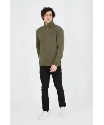 Erkek Yarım Fermuarlı Baskılı 3 iplik pamuklu sweatshirt - Yeşil