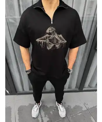Erkek Yarım Fermuarlı Baskılı Oversize T-Shirt - Siyah