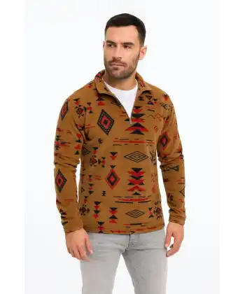 Erkek Yarım Fermuarlı Desenli Polar Sweat Tribal Etnik Desen Yakalı, Uzun Kollu, Oversize Rahat Kalıp, - Kahverengi