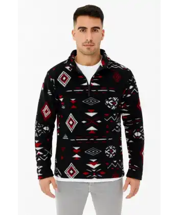 Erkek Yarım Fermuarlı Desenli Polar Sweat Tribal Etnik Desen Yakalı, Uzun Kollu, Oversize Rahat Kalıp, - Siyah