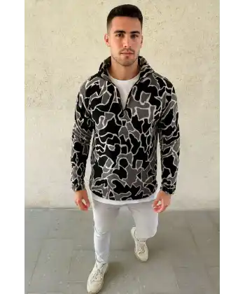 Erkek Yarım Fermuarlı Desenli Polar Sweat Yakalı, Uzun Kollu, Oversize Rahat Kalıp - Siyah