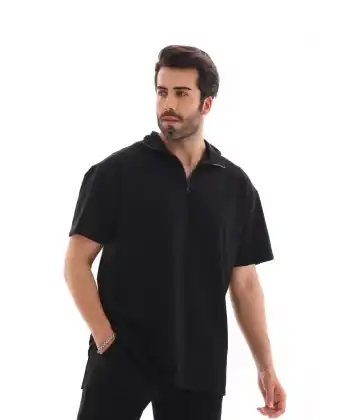 Erkek Yarım Fermuarlı Düz Oversize T-shirt - Siyah