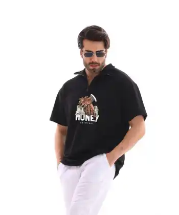 Erkek Yarım Fermuarlı Oversize Baskılı T-Shirt - Siyah