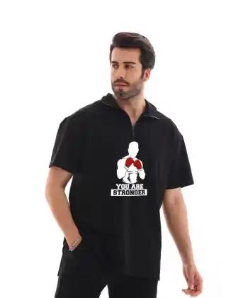 Erkek Yarım Fermuarlı Oversize Baskılı T-Shirt - Siyah