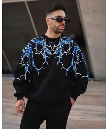 Erkek Yıldırım Baslılı Bisiklet Yaka 3 iplik pamuklu Sweatshirt - Siyah