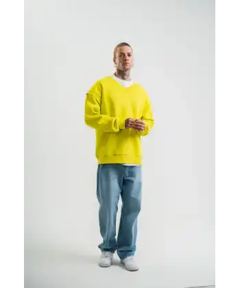 Geniş V yaka Kol Ribana Detaylı SweatShirt - Sarı