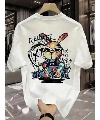 Güneş Gözlüğü Grafikli Karikatür Tavşan Oversize Kısa Kollu Tişört Çift Tişört, İlkbahar Ve Yaz - Beyaz