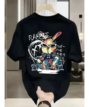 Güneş Gözlüğü Grafikli Karikatür Tavşan Oversize Kısa Kollu Tişört Çift Tişört, İlkbahar Ve Yaz- Siyah