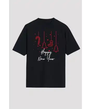 Happy New Year Baskılı T-shirt - Siyah