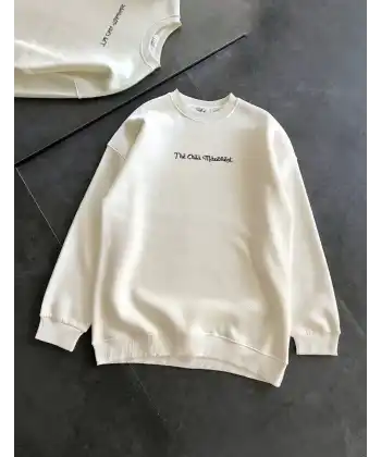 Kadın 3 İplik Pamuklu Bisiklet Yaka Baskılı SweatShirt - Beyaz
